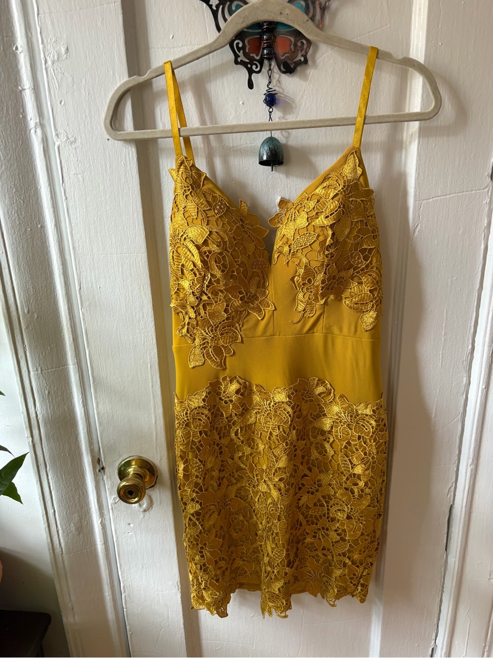 Fashion Nova Mustard Lace Spaghetti Strap Mini Dress